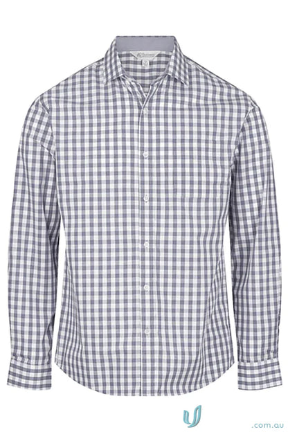 Gray and white checkered Devonport Ladies L/S Shirt perfect for workwear and stylish uniforms