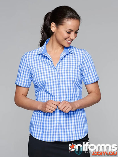 Blue and white checkered Devonport Ladies S/S Shirt perfect for workwear and stylish uniforms