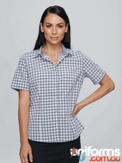 Gingham short-sleeved button-down shirt from Devonport Ladies S/S Shirt for style and workwear