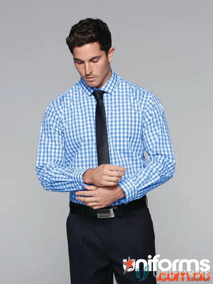 Man wearing Devonport LS Shirt in blue checkered pattern, perfect workwear and uniforms