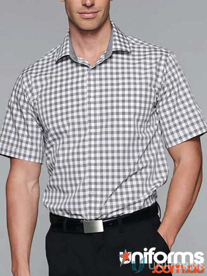 Gray and white checkered Devonport mens SS shirt, perfect for casual uniforms