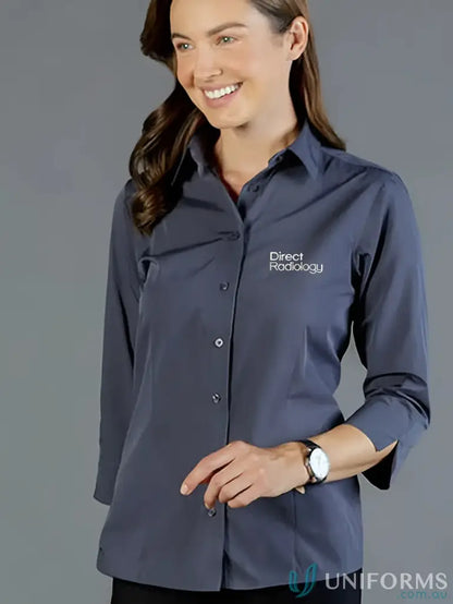 Woman in easy iron gray button-up shirt from Direct Radiology EMB 3Q workwear uniforms