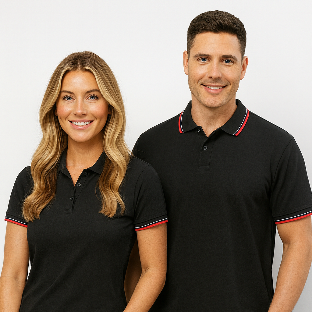 Black ladies Cambridge polo with twin stripe trim in cotton