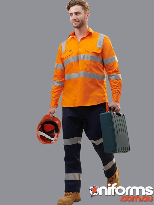 Orange high-visibility workwear shirt with reflective silver stripes and button-front design for work uniforms