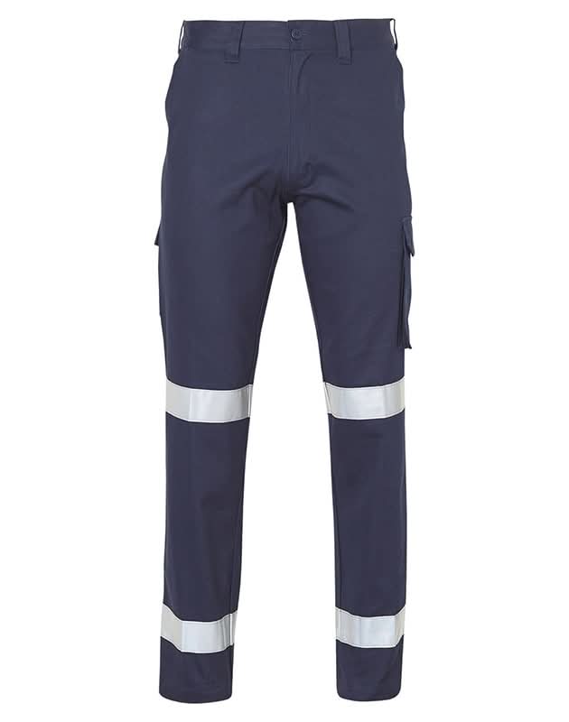 Dark navy 3m taped drill pants with reflective stripes and cargo pockets perfect for workwear uniforms