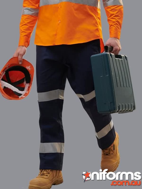 Orange hard hat with black interior and white strap shown with discontinued 3m taped drill regular pants workwear uniform