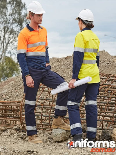 Discontinued 3m taped drill regular pants high-visibility uniforms in orange and navy with reflective silver stripes for workwear