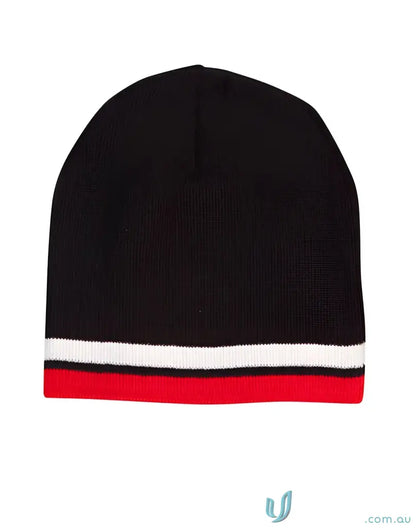 Black knit Winning Spirit Double Beanie with red and white contrast stripe beanie design