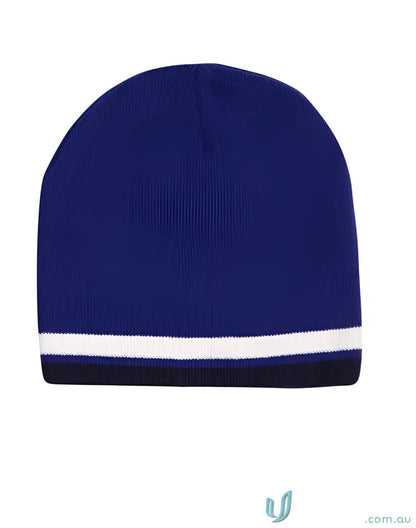 Blue knit beanie with white contrast stripe from Winning Spirit Double, model CH63
