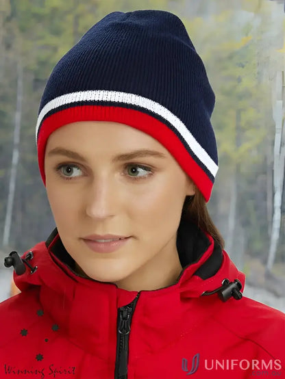 Navy, red, and white knit contrast stripe beanie Winning Spirit Double Beanie ch63 contrast stripe