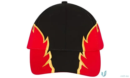 Black baseball cap with red flame imprint design, perfect fit with wide measurement guide
