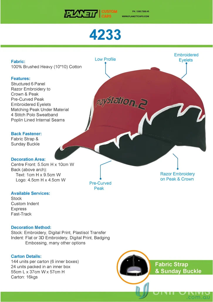 HBC Cap with Zig Zag Embroidery, maroon and black baseball cap with imprint design