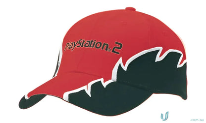 Red and black PlayStation 2 baseball cap with zig zag embroidery, great imprint design