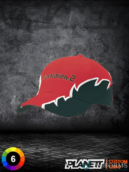 Red and green PlayStation 2 baseball cap with imprint design, wide guide, and centimeter ruler