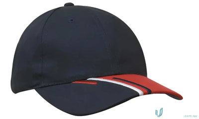 High resolution printing of Navy and red baseball cap on HBC Tri Coloured Peak, 1 inch measurement