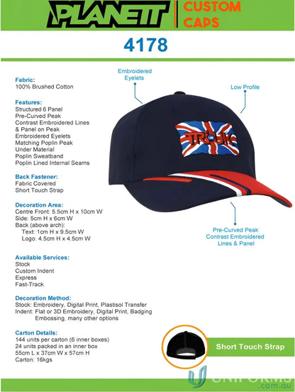 Navy and red baseball cap with high resolution printing, part of HBC Tri Coloured Peak