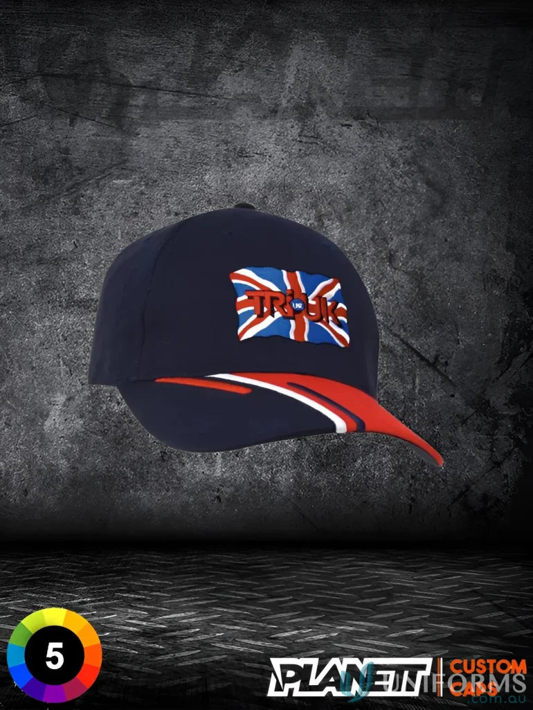 Navy blue HBC Tri Coloured Peak baseball cap with British flag, perfect for high resolution printing