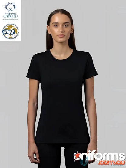 Black Ladies Slim Tee with round neck, perfect for measuring your perfect size and length