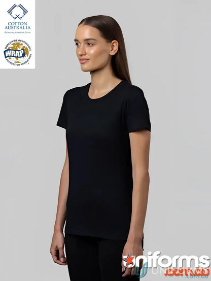 Woman wearing Ladies Slim Tee in black, perfect fit to measure your size and length