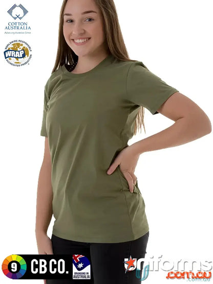 Young woman wearing a Ladies Slim Tee in olive green, perfect for measuring size and length