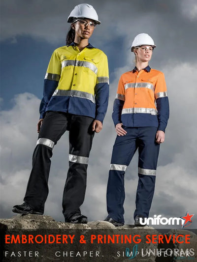 Syzmik womens taped utility pant zwl004 with reflective tape worn by two women