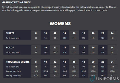 Women’s apparel size chart for Syzmik Women’s Taped Utility Pant ZWL004 with reflective tape