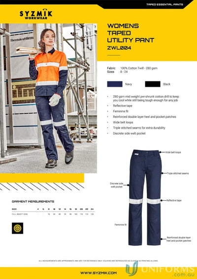 Womens taped utility work pants with reflective tape from Syzmik Womens Taped series ZWL004