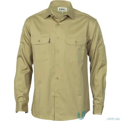 Khaki long-sleeved button-down work shirt for uniforms and workwear, DNC Cool-Breeze