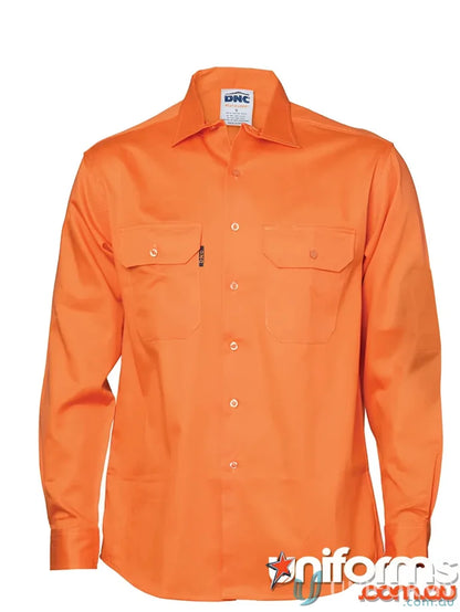Orange long-sleeved work shirt from DNC Cool-Breeze L/S Work Shirt, perfect for uniforms and workwear