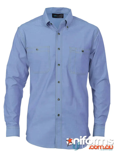 Light blue DNC Cotton Chambray LS Shirt with twin pockets, perfect for uniforms