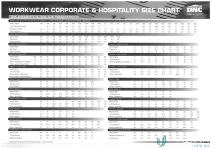 Clothing size chart for DNC Cotton Drill Bib and Brace Overall showing drill bib sizes