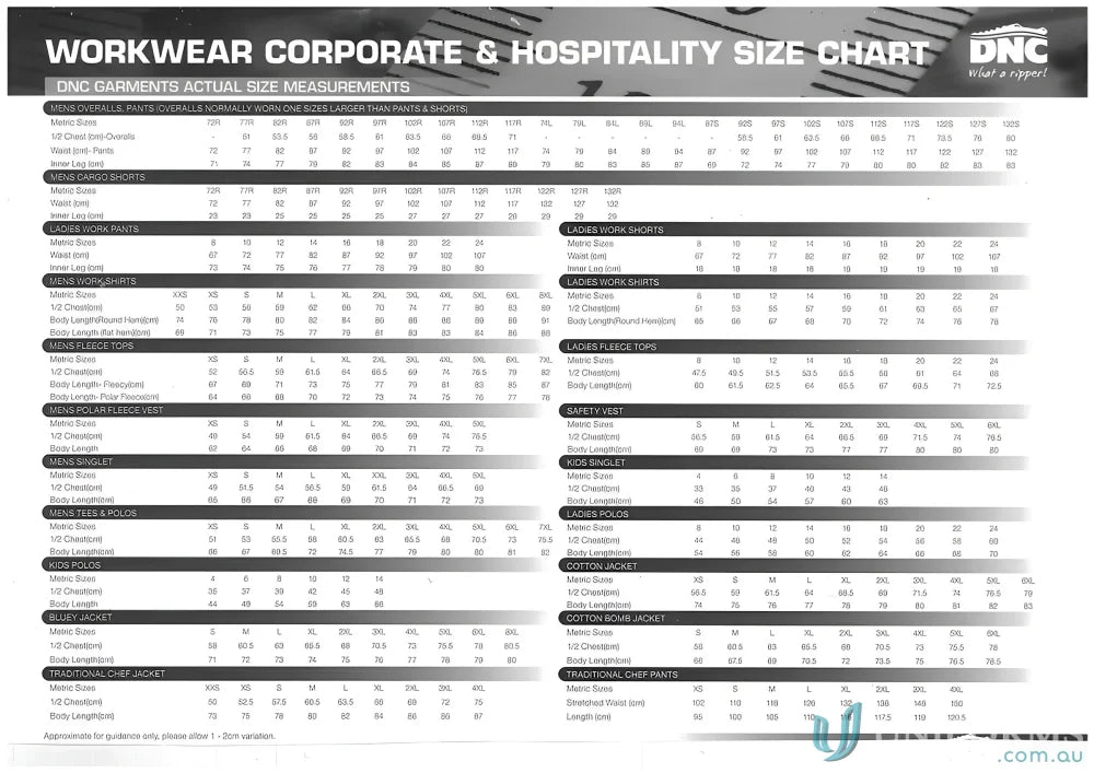 Clothing size chart for DNC Cotton Drill Cargo Pants and drill cargo pants