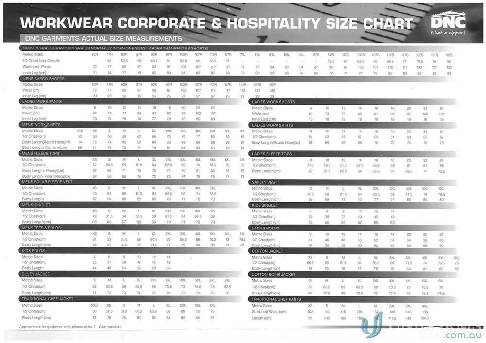 Workwear size chart for DNC Drawstring Cotton Cargo Pants in poly cotton cargo style