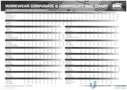Workwear size chart for DNC Drill Belt Loops Shorts made of cotton drill work shorts with belt loop