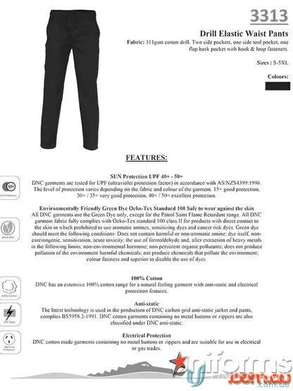 Black DNC Drill Elastic Waist Trousers perfect for casual and workwear waist pants