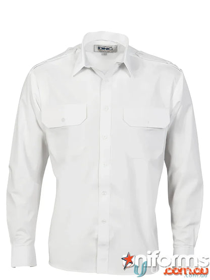 White long-sleeve DNC Epaulette LS Shirt with stylish epaulettes for a cool look