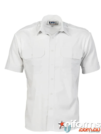 White short-sleeved button-down shirt perfect for workwear and uniforms at DNC Epaulette SS Shirt