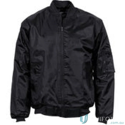 Black bomber jacket with plastic zips from DNC Flying Jacket workwear collection
