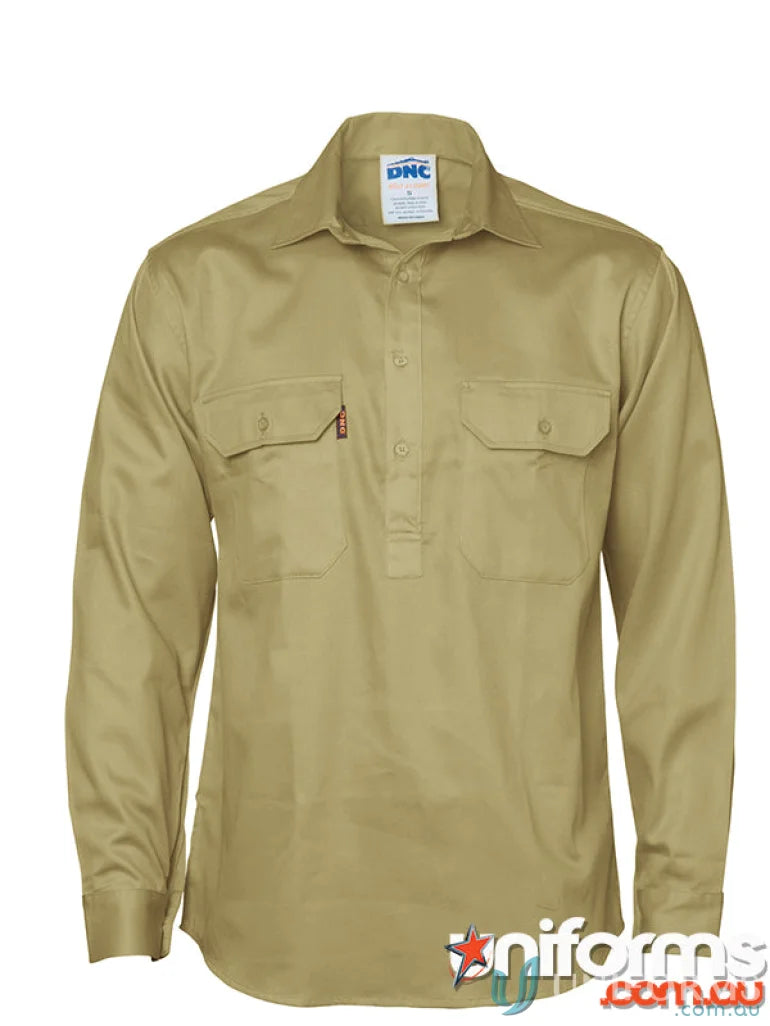DNC Hivis Close Drill LS Shirt in light brown with chest pockets for workwear