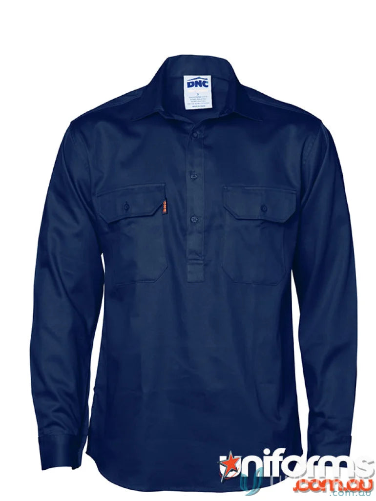 Navy blue DNC HiVis Close Front Drill LS Shirt with chest pockets and half-button placket