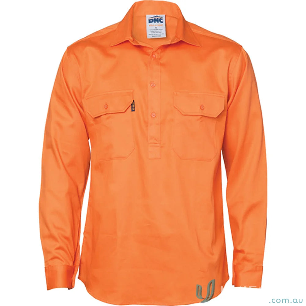 Orange DNC Hivis Close Front Drill LS Shirt with two chest pockets for work safety