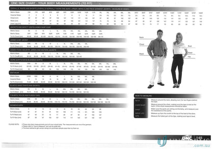 Clothing size chart with measurements for DNC HiVis Contrast Bomber Jacket for enhanced visibility