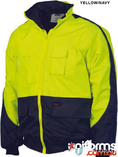 Yellow and navy HiVis Contrast Bomber Jacket with multiple pockets for enhanced visibility
