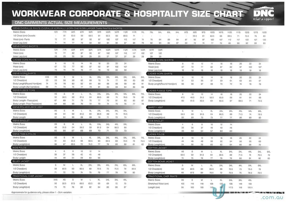 Workwear size chart for DNC HiVis Cotton Drill Two Tone Uniform Shirt