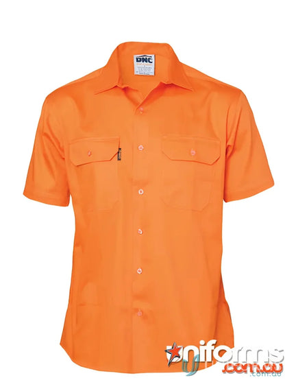 Orange short-sleeved cotton drill work shirt from DNC HiVis Drill Work line
