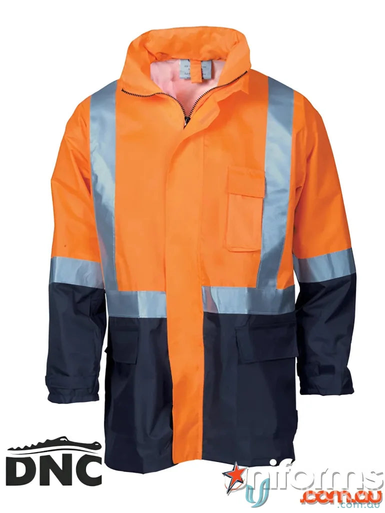 Orange and navy high-visibility work jacket from DNC HiVis Light Weight Rain Jacket collection