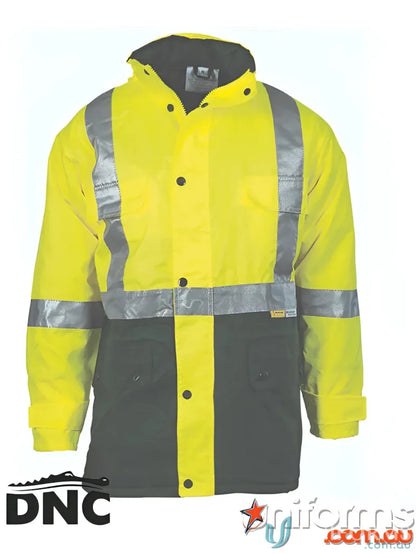 Yellow and black high-visibility jacket from DNC HiVis Long Quilted Reflective Jacket, perfect workwear