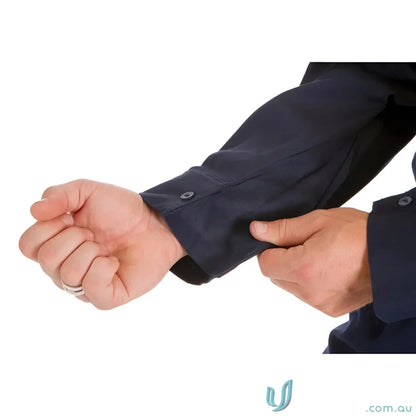 Navy blue cotton drill shirt sleeve with hand from DNC HiVis yellow navy blue shirt with metal buttons