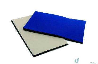 Two neoprene fabric sheets in blue and beige with black edges for DNC knee patch or cushion knee pads