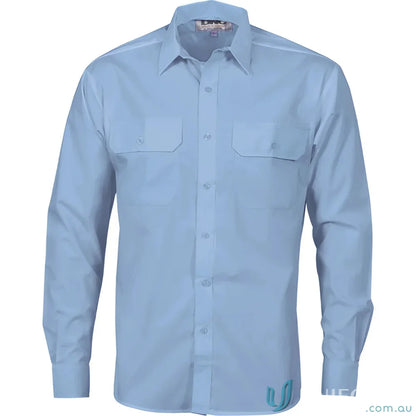 Light blue long-sleeved work shirt from DNC PolyCotton Work Shirt collection for uniforms